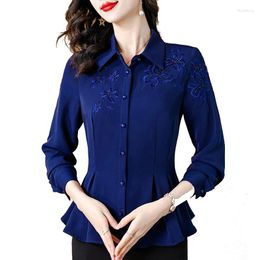 Women's T Shirts 2024 Spring Elegant Fashion Women Tops Slim Fit Ruffles Beaded Top Long Sleeve Embroidered Blouse