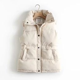 Autumn Winter Womens Solid Loose Vest Drawstring Support Collar Long Vest Cotton Pad Windproof and Warm Vest 240216