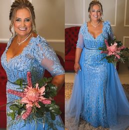 2024 Aso ebi 아랍어 스카이 블루 인어 신부 드레스 레이스 파란색 저녁 공식 파티 생일 유명 인사 신랑 가운 드레스 ZJ056