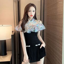 Ethnic Clothing Fashion Women Elegant Mini Dress Chinese Style Qipao Tops Shorts Club Sexy Bodycon Oriental Set Lady Party Dresses Suit