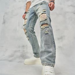 Streetwear Men Simple Loose Ripped Straight Jeans Pants Stylish Male Holes Casual Denim Trousers 240126