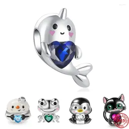 Loose Gemstones Silver 925 Cute Frog Snowman Penguin Cat Narwhal Embraces Heart Gemstone Charm Bead Fit Original Bracelet DIY Jewelry