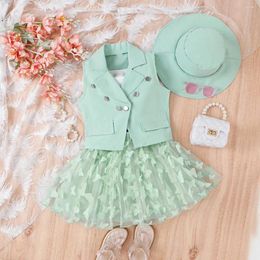 Clothing Sets 4PCS Summer 4 5 6 7 Years Girl Tank Sleeveless Vest Hat Skirt Butterfly Girls Clothes Set Toddler Outfits Lounge Mesh