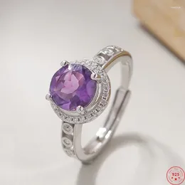 Cluster Rings S925 Sterling Silver Charms For Women Fashion Hollow Inlaid Square Natural Amethyst Zircon Jewellery