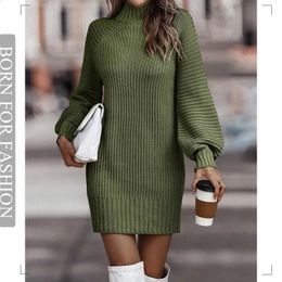 Vintage Winter Knitted Dress Ladies Chic Turtleneck Lantern Long Sleeve Mini Sweater Dresses for Women Arrival 2023 Clothes 240119