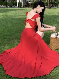 Party Dresses Chic Sexy Backless Red Midi Dress Women Design Slim Casual Holiday Sundresses Ruffles Elegant Summer For 2024