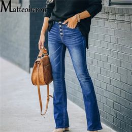 2023 Kadınlar Flare Jeans Düğmesi Sinek Moda Vintage Stretch Sıradan Kadın Denim Pantolon Femme Femme Yüksek Bel Tam Uzunluklu İnce Kotlar 240119