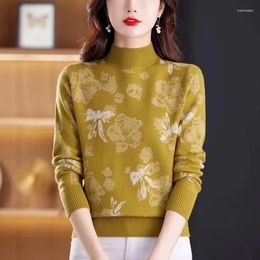 Women's Sweaters Korea Style Mock Neck Jacquard Floral Chic Girl Autumn Winter Knitted Sweater Pullover Shirt Women Spring Outwear Casual