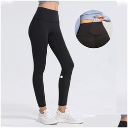 Yoga Outfit Lu-2023 Lycra Fabric Solid Colour Women Pants High Waist Sports Gym Wear Leggings Elastic Fitness Lady Outdoor Trousers Dro Otydi