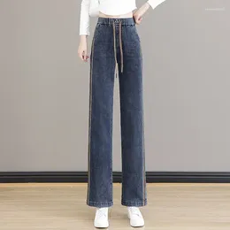 Women's Jeans Elastic Waist Wide Leg Autumn And Winter High Patchwork Pockets Drawstring Slim Retro Straight Pants