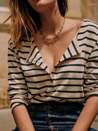 Women's T Shirts Striped T-Shirt For Women Fashion Half Open Buttons Long-Sleeved Ladies Sweet Tee Tops All-Match Clothes French Spring