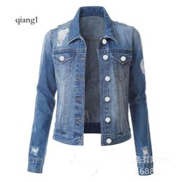 Autunno Abbigliamento donna Cappotto di jeans Fori Maniche strappate Maniche lunghe Girocollo Tasca monopetto Distressed Casual Jean Cappotti Capispalla Giacca da donna Blu Nero