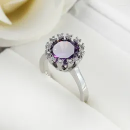 Cluster Rings 2024 Shinning Purple Crystal Silver Color Ring Jewelry From Austria CZ For Women Bague Luxury Flower