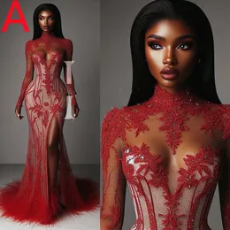 Aso Ebi Red Illusion Mermaid Prom Dress Lace Beaded Crystals Evening Formal Party Second Reception Birthday Engagement Gowns Dresses Robe De Soiree ZJ