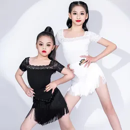 Stage Wear Girls Tassel Latin Dance Dress Black White ChaCha Dancer Outfit Lace Sleeve Bodysuit Skirt Rumba Samba Competition Costume VDB64