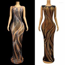 Stage Wear Sparkly Gold Black Rhinestones Dress Brown Mesh Sleeveless Long Women Birthday Celebrate Costume Evening Dresses XWS