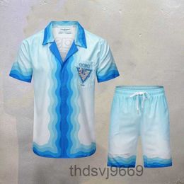 Mens Tracksuits Summer Set 3xl Shirts Blue Gradient Wave Pattern Pocket Short Sleeved Cardigan Casa Suits for Men Women XNSE