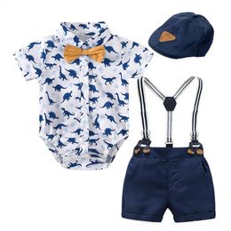 Baby-Jungen-Kleidung mit Baskenmütze, geboren im Alter von 0 bis 3 Monaten, Sommer-Dinosaurier-Druck-Overall, Hosenträger, Baumwoll-Shorts, Kinder-Outfit 240127