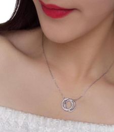 Sterling Silver 925 clear Bezel Setting zircon Double round shape Pendants necklace for women Give away gift jewelry Factory 6620097