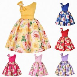 Girls Dresses Skew Shoulder Children one-piece Dress Rose Print Evening Holiday Performance Skirt Green Red Pink 82un#