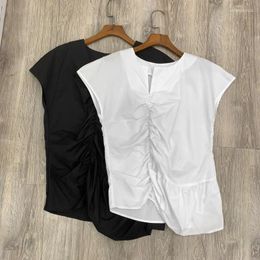 Women's Blouses Spring/summer Shirts Cotton T-shirt Asymmetrical V-neck With Pleats Solid Colour Pullover Top Blouse Ladies Tops