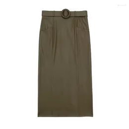 Skirts 2024 Women's Imitation Leather Workwear Midi Skirt Temperament Elegant Slit Simple Classic Bottoms