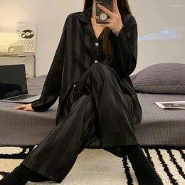 Women's Sleepwear Lightweight Women Pajama Set Striped Silky Ice Silk For Long Sleeve Homewear Shirt Wide Leg Pants Spring