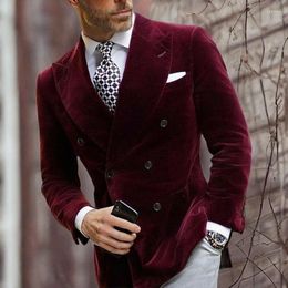 Men's Suits Mens Burgundy Double Breasted Velvet Blazer Elegant Coat Smoking Suit Jacket Fashion Dinner 2024 In Stock