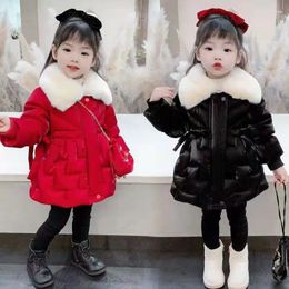 Down Coat 2024 Baby Girls Winter Coats Velvet Warm Big Fur Collar Long Cotton Padded Thick Clothes Kids Children Overcoats E443