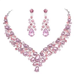 Crystal Pink Bridal Jewellery Sets Teardrop Shape Wedding Necklace Earrings African Fashion Party Jewellery Sets Accessories 8 Colour 240118