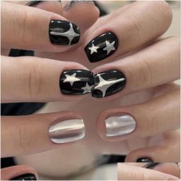 False Nails 24Pcs Black Short Round Y2K Sier Star Design French Fake Fl Er Detachable Nail Tips Press On Drop Delivery Health Beauty A Ot0V8