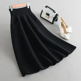 Skirts Commuting Style Fashion Skirt Solid Color Mid-length Cozy Knitted High Waist A-line Midi With Pockets For Women Soft