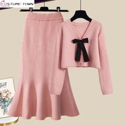 Large Womens Autumn and Winter Set Korean Sweetheart Style Slim Knitted Sweater Fish Tail Skirt Two Piece 240202