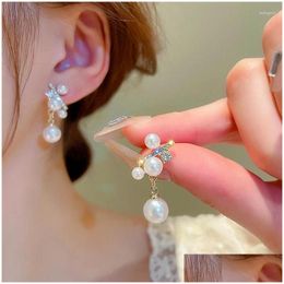 Dangle Chandelier Earrings French Sweet Zircon Pearl Pendant Stud For Women 2024 Unique Design Temperament Ladies Party Jewelry Gift D Otpam