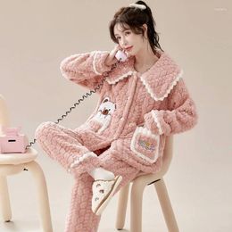 Women's Sleepwear Thickened Loose Size Pajamas Set Flannel Home Wear Cute Sweet Autumn Winter Loungewear Suit Warm Coral Velvet