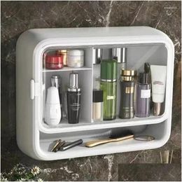 Storage Boxes Bins Household Wall-Mounted Cosmetics Box Punch Dust-Proof Rack With Lid Large Capacity Shelf Drop Delivery Home Garden Otkhb