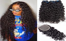 7A Malaysian Water Wave 3 Bundles with Closure Human Hair Bundle And Closures 4X4 Closure Non Remy Weave Modern Show Hair Extensio5323541