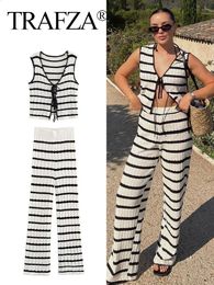 TRAFZA Summer Suits Woman Black And White Striped VNeck LaceUp TopsKnitted High Waist Wide Leg Pants Female 2 Pieces Sets 240123