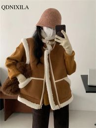 겨울 2023 새로운 두꺼운 따뜻한 양가죽 통합 여성 조끼 양모 상감 COLLAR KOREAN JACKET SLEEVERESS 재킷 240216