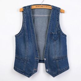 Large Size Vintage Blue V-Neck Denim Vests Women Single-Breasted Summer Jean Sleeveless Jacket Loose Basic Waistcoat Wash S-6XL 240202