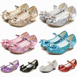 Girls Bow Princess Shoes Kids Toddlers Sandals High Heels Leather Wedding Party Dress Shoe With Sequin Upper Children Dance Performance Sandal 66UB#