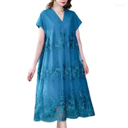 Party Dresses Embroidered Flower Dress Women's Korean Version Retro Elegant Fashion Casual Loose Waist V-neck 2024 Summer Blue
