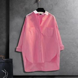 Women's Blouses Spring Autumn Women Shirt Tops Solid Colour Lapel Long Sleeve Lady Blouse Loose Fit Single Breasted High-low Hem Casual