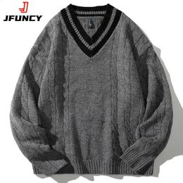 JFUNCY Mens Winter Knitted Sweaters Oversized Male Black Pullover V Neck Jumpers Men's Vintage Striped Knitwear Men Clothing 240127