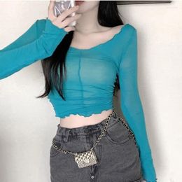 Women's T Shirts Spring Pure Desire Wind Thin V-neck Long Sleeved T-shirt Design Feeling Wooden Ear Short Spicy Girl Underwear Top Female