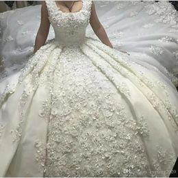Luxury Saudi Arabia Ball Gown Wedding Dresses Strap Scoop Neck Beads Lace Bridal Gowns Sequined Country Plus Size Wedding Dress