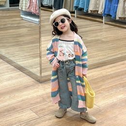 Jackets Coats Spring Girls Middle Length Stripe Knitwear Causal Sweet Jeans 2024 Versatile Elastic Waist Colorful Open Stitch