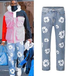 Flower Full Print Jeans Pants Oversized Streetwear Straight Casual Men and Women Denim Trousers JRQO