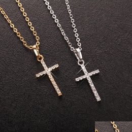 Pendant Necklaces Fashion Female Pendants Drop Gold Black Colour Crystal Jesus Cross Necklace Jewellery For Men/Women Wholesale Delivery Dhvdh