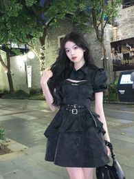 Work Dresses Sweet Spicy Black Sling Dress Jerkin Two Piece Set Women Fashion Ruffle Belt Hollow Solid Off Shoulder Princess Slim Summer